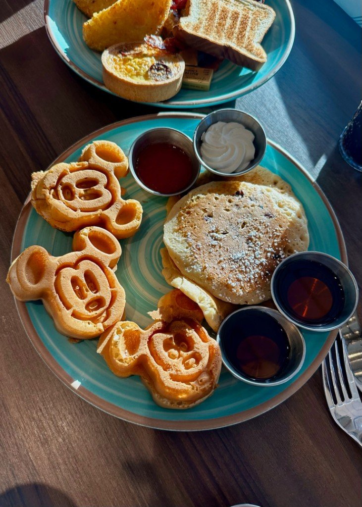 Mickey waffles for breakfast on a Disney cruise